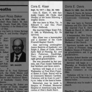 Obituary for Cora E. Kiser